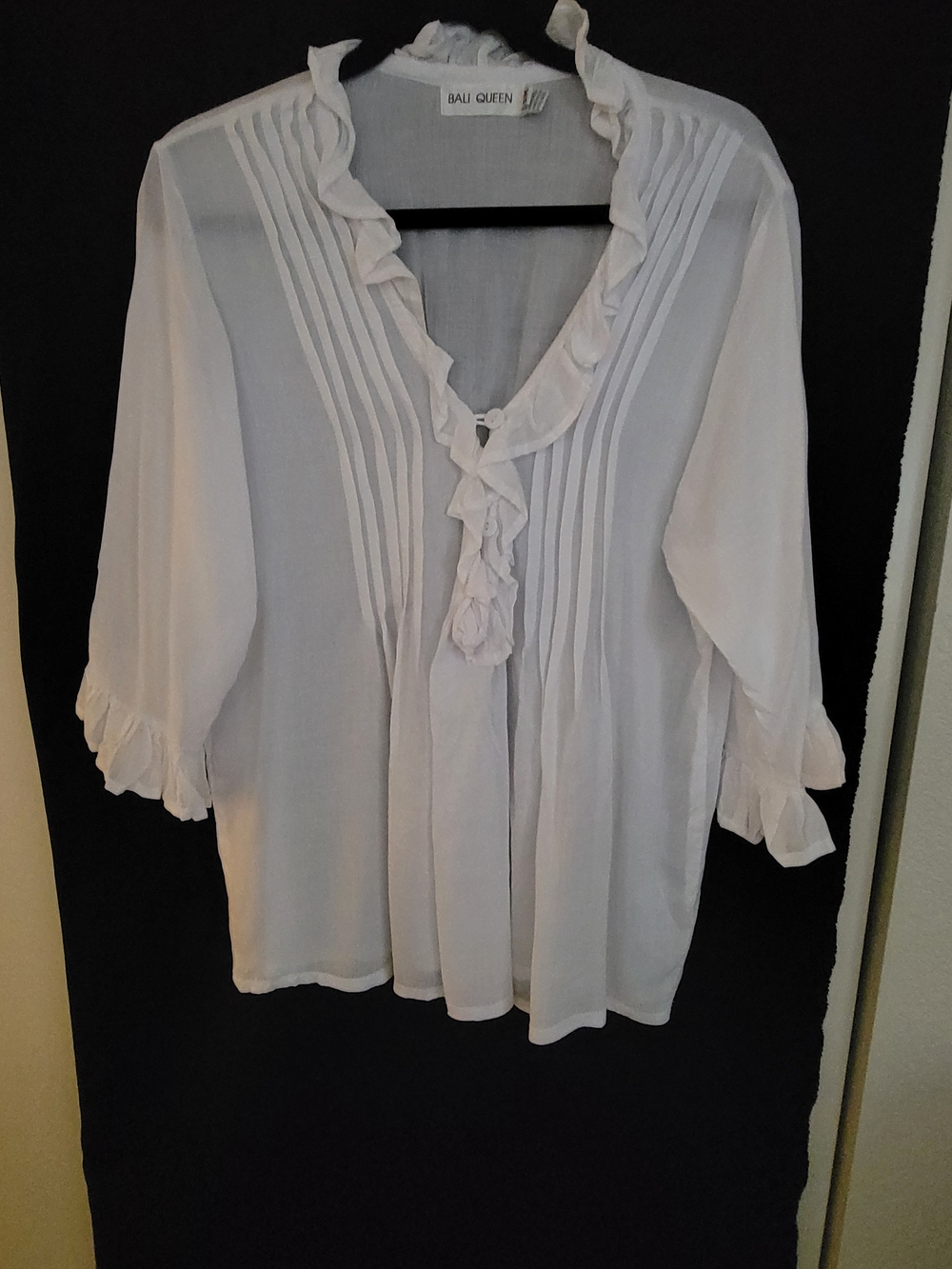 Bali Queen White Ruffle V-Neck Pintuck Blouse